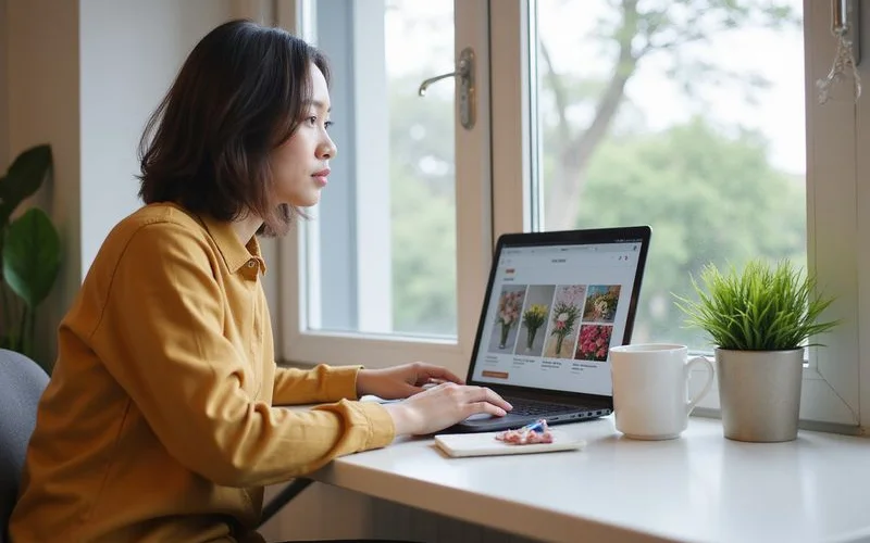 A customer reviewing florist listings on a laptop beside a fresh flower bouquet, comparing photos and reading reviews before making a booking decision