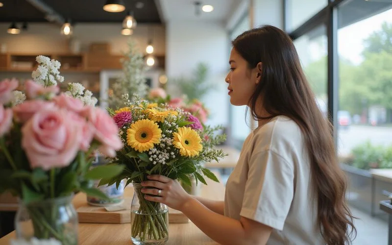 A customer in a bright Petaling Jaya flower shop reviewing a wrapped bouquet with a staff member pointing out the fresh blooms inside