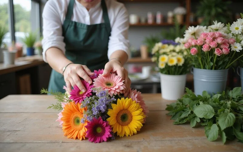 A Petaling Jaya florist arranging a fresh mixed bouquet of roses, tulips, and tropical blooms on a wooden workbench inside a bright modern flower shop