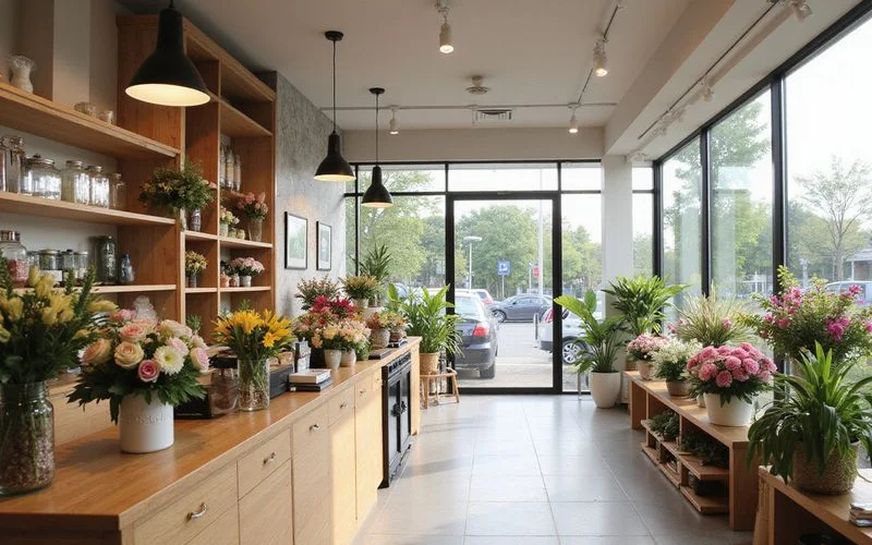 A bright and airy Petaling Jaya flower shop interior filled with colourful fresh bouquets, preserved flower arrangements, and gift hampers on wooden display shelves