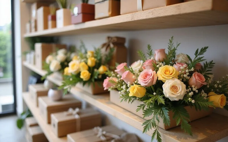 Rows of preserved dried flower arrangements and fresh flower hampers displayed in a well-lit Petaling Jaya florist shop ready for gifting