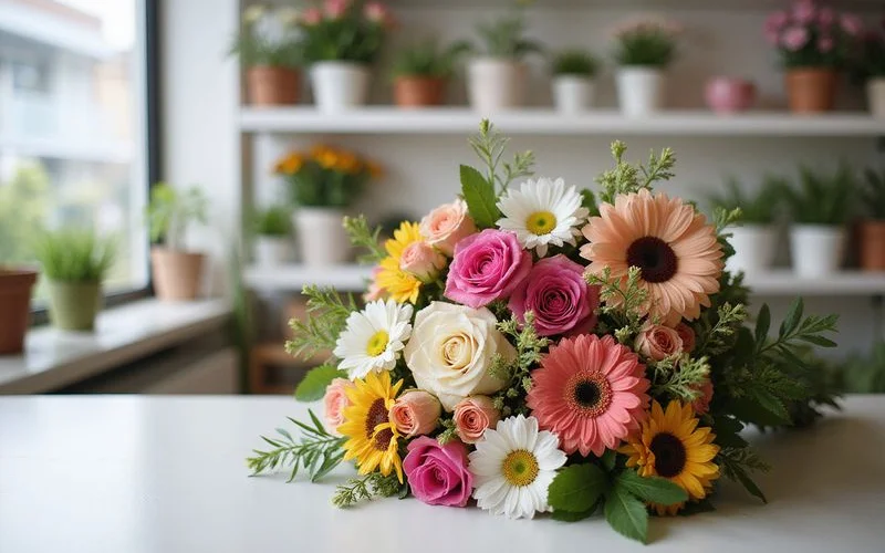 A florist in Petaling Jaya arranging a colourful bouquet of fresh seasonal flowers on a wooden counter with natural light streaming in